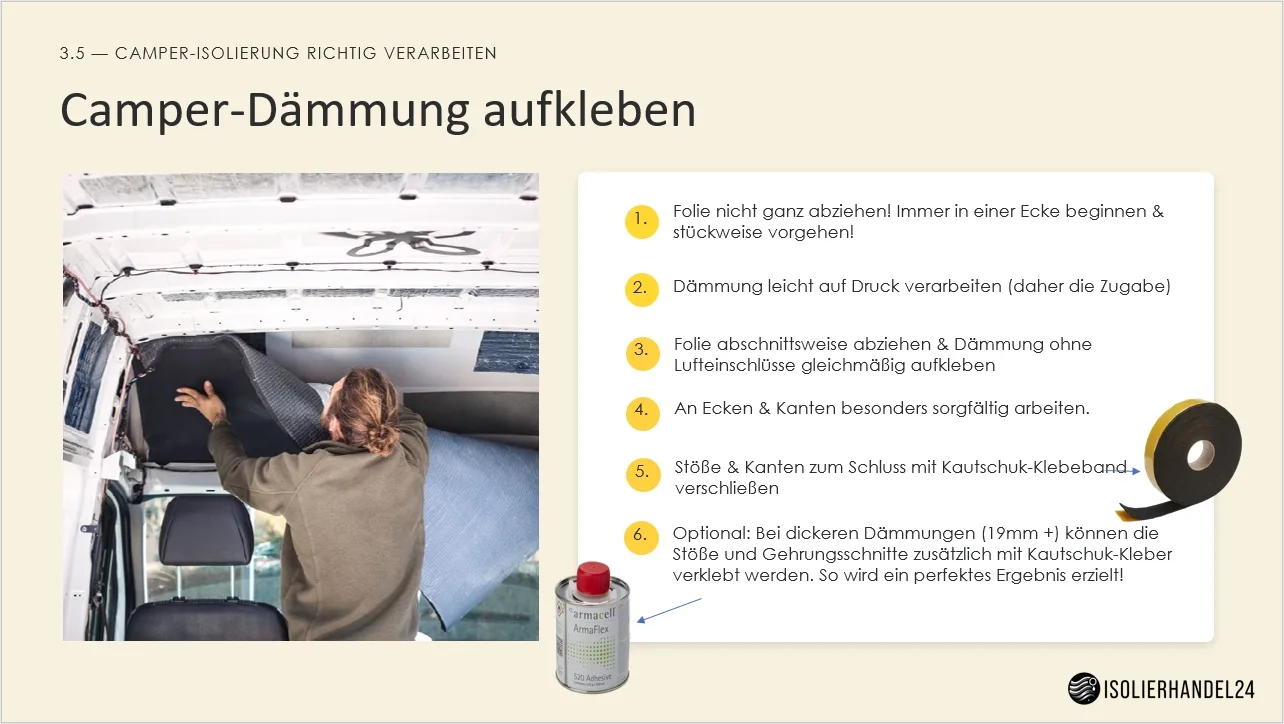 Aufkleben: in der Ecke beginnen, Folie abschnittsweise abziehen, Stöße mit Kautschuk-Klebeband