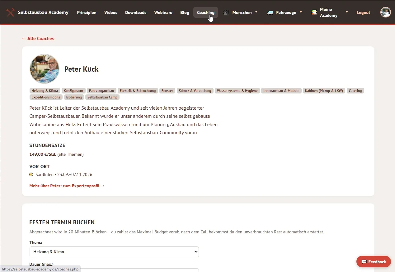 Hire your Expert: Coach-Profil mit Buchungskalender