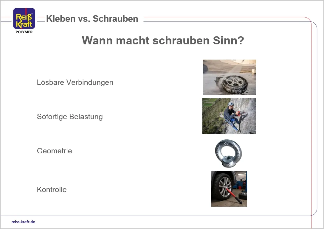 Wann Schrauben Sinn macht: lösbar, sofort belastbar, Geometrie, Kontrolle