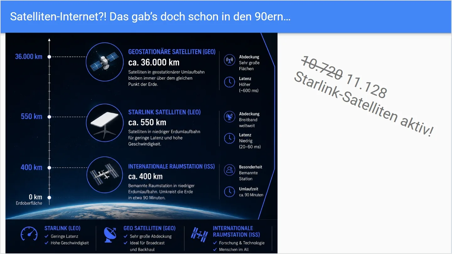 LEO statt GEO: Starlink-Satelliten auf 550 km — Latenz 20–60 ms statt ~600 ms