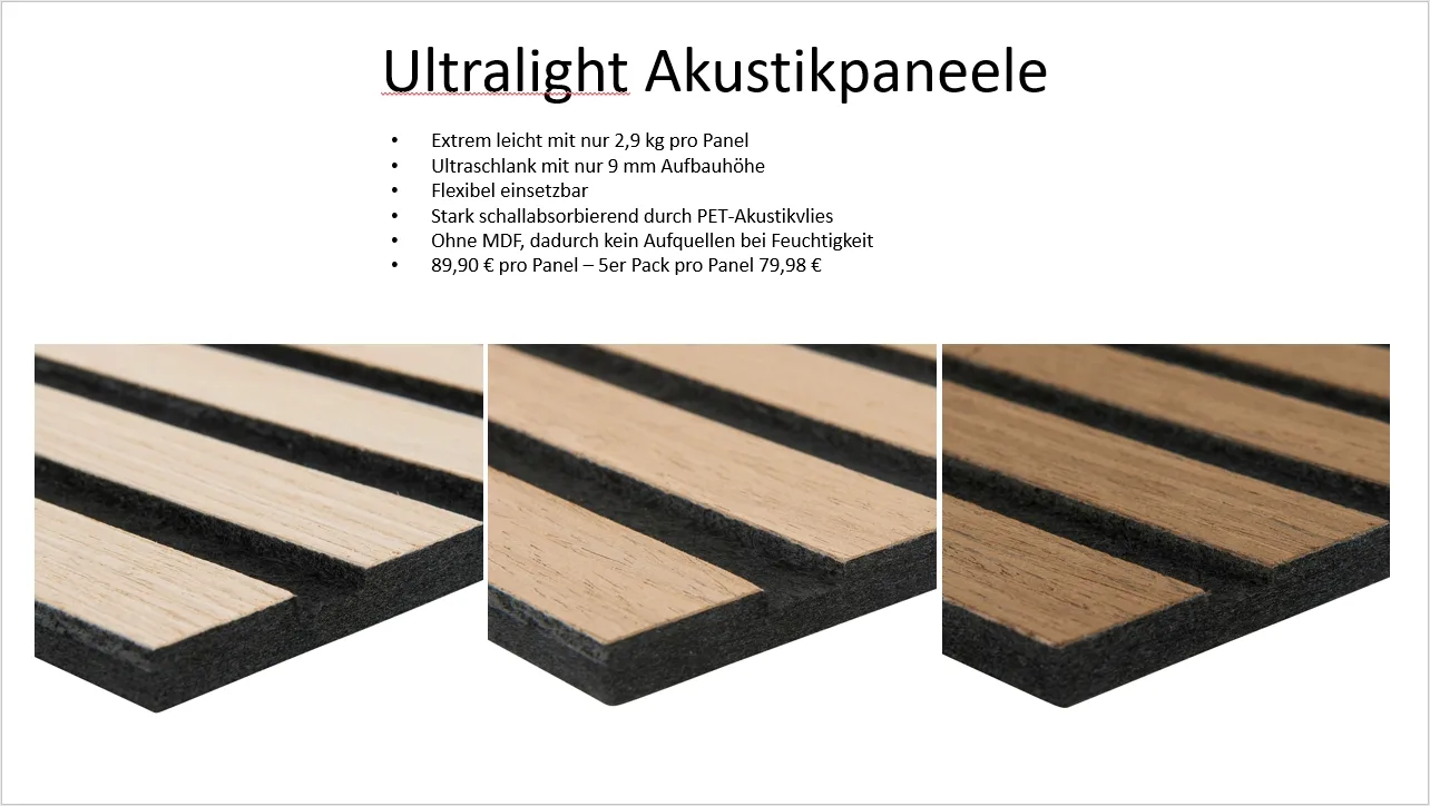Ultralight-Akustikpaneele: 2,9 kg pro Panel, ohne MDF