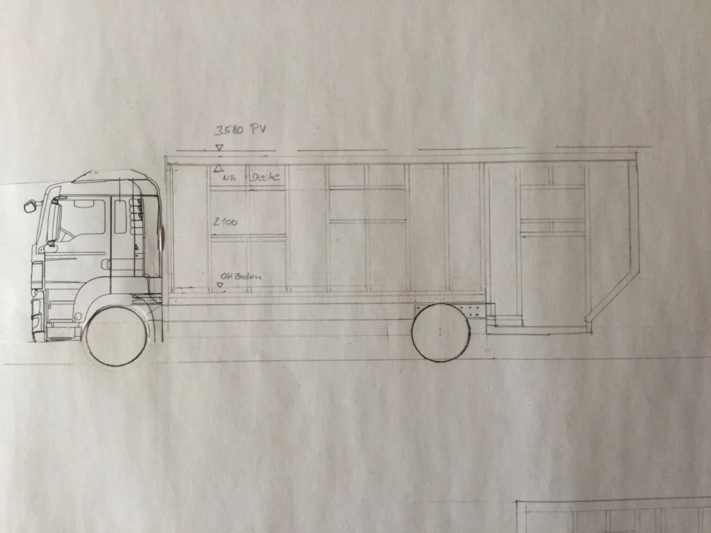 Handskizze der LKW-Seitenansicht mit Aufbau, Fenstern und Tür